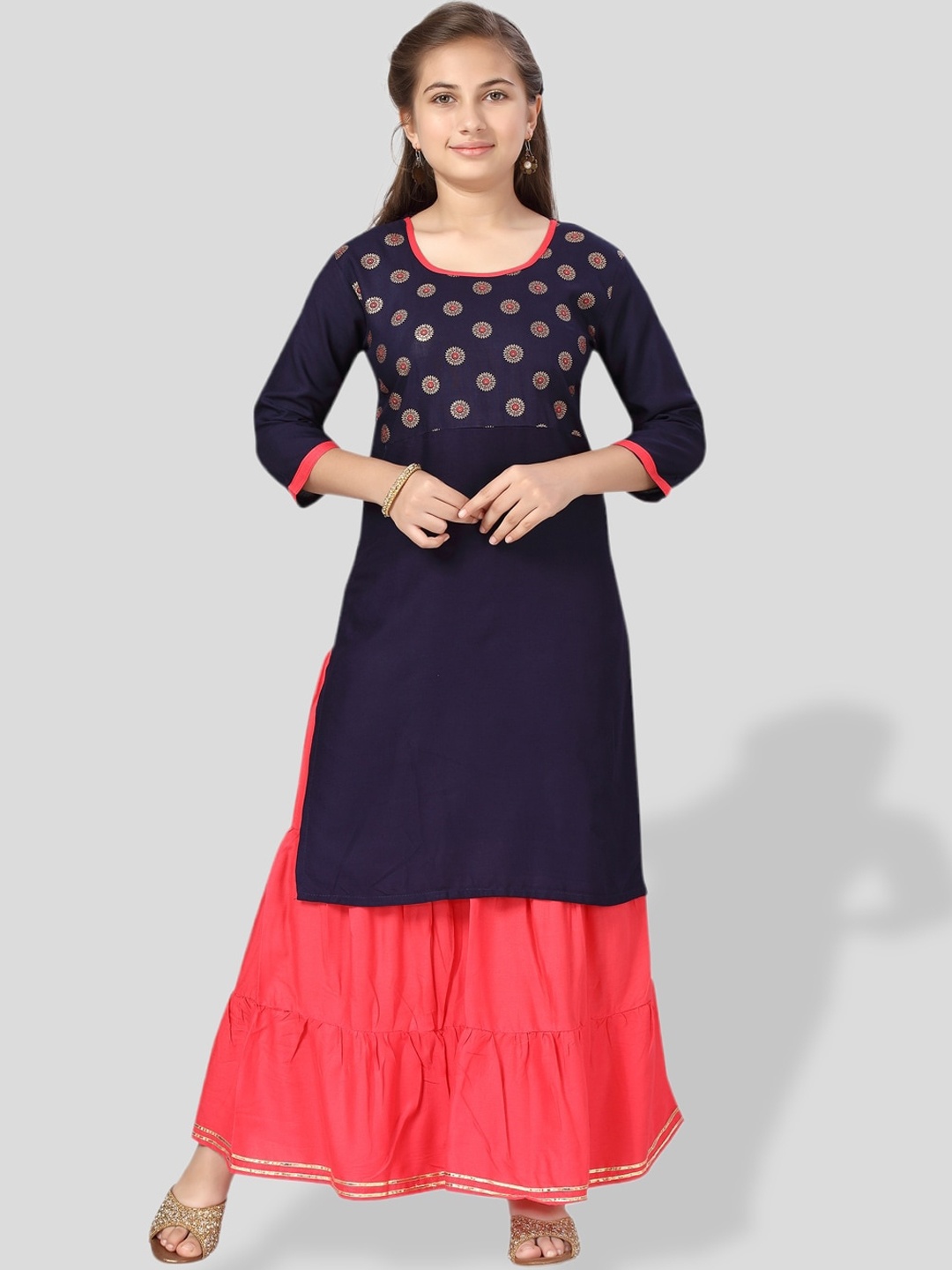 BAESD Girls Ethnic Motif Printed Cotton Kurta, Navy blue