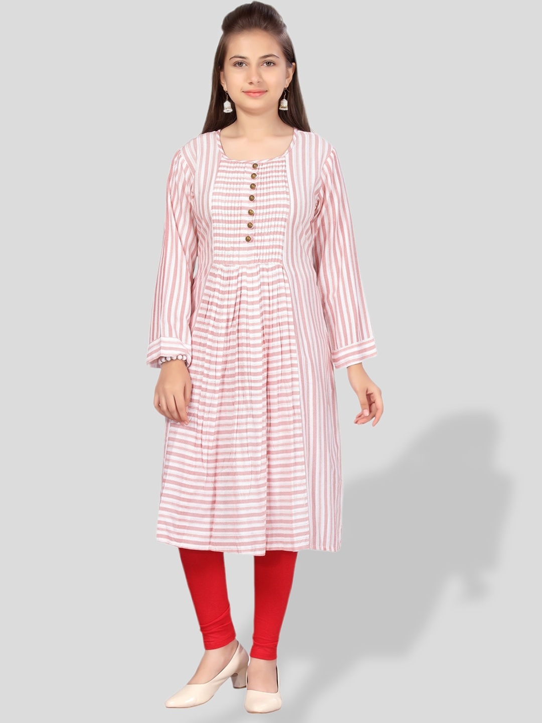 BAESD Girls Striped Round Neck Kurta, Red