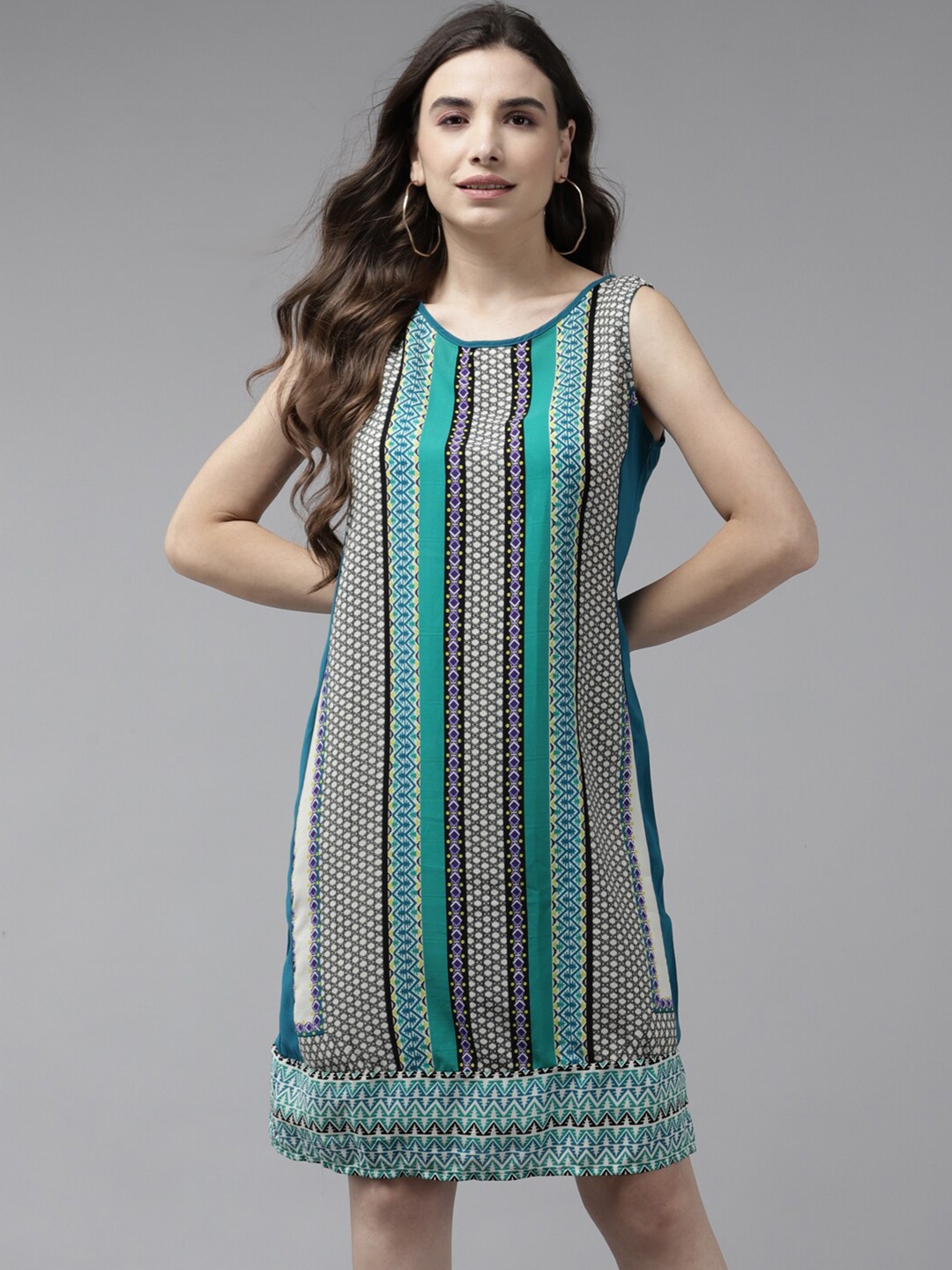 BAESD Geometric Printed Georgette A-Line Dress, Fluorescent green
