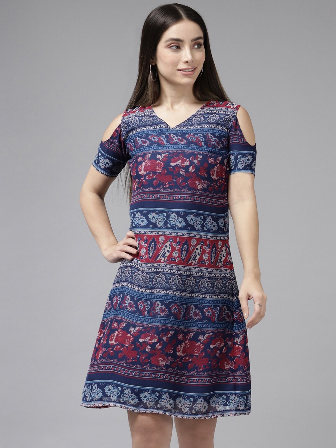 BAESD Ethnic Motifs Printed V-Neck Georgette A-Line Dress, Navy blue
