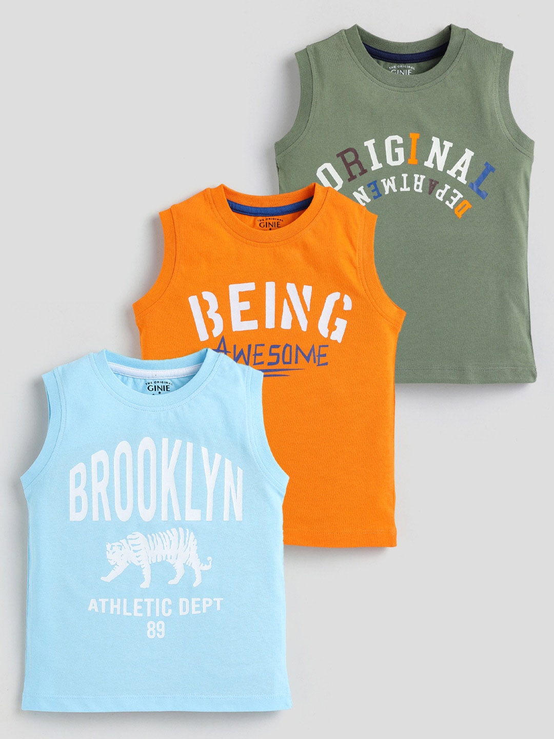Ginie Boys Pack Of 3 Printed Typography printed Sleeveless Cotton T-shirt, Blue
Ginie Boys Pack Of 3 Printed Typography printed Sleeveless Cotton T-shirt, Blue
