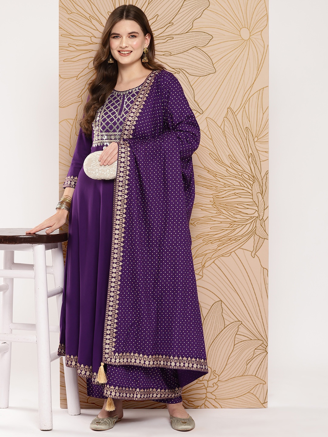 Khushal K Women Floral Embroidered Empire Sequinned Kurta with Palazzos & With Dupatta, Purple
Khushal K Women Floral Embroidered Empire Sequinned Kurta with Palazzos & With Dupatta, Purple