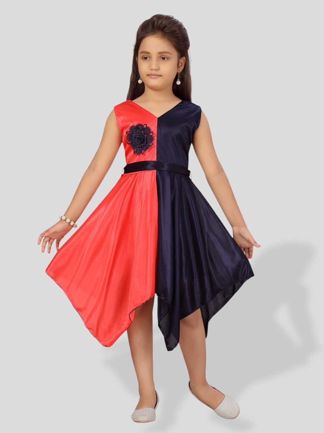 BAESD Girls Colourblocked Fit & Flare Midi Dress, Red