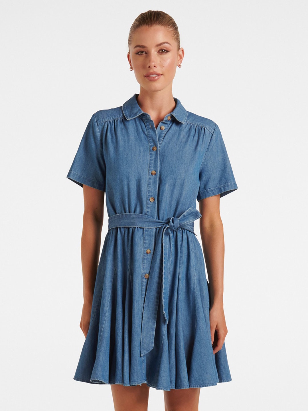 Forever New Shirt Collar Pure Cotton Shirt Dress, Navy blue