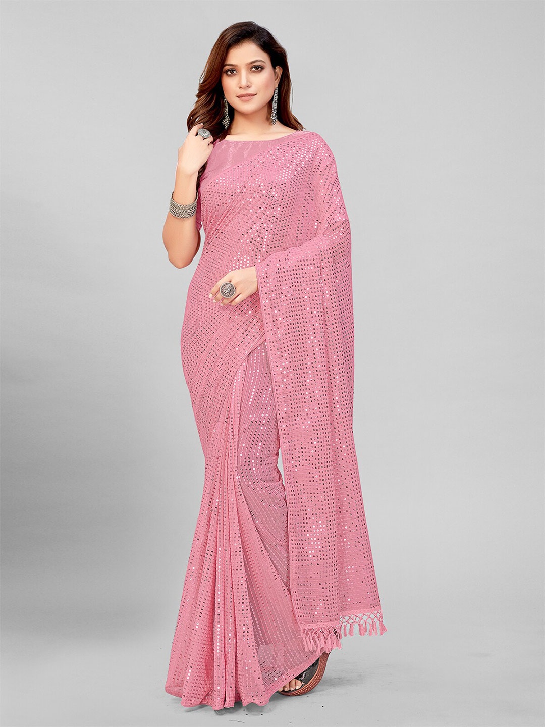 KALINI Sequin Embellished Saree, Peach