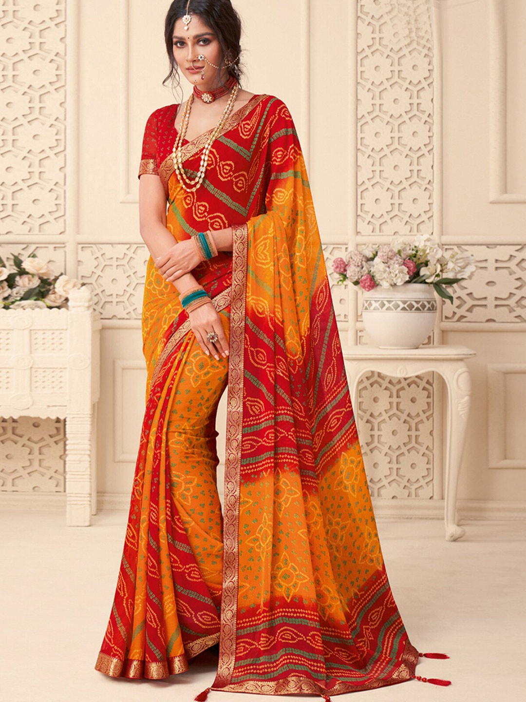 ODETTE Bandhani Printed Saree, Red