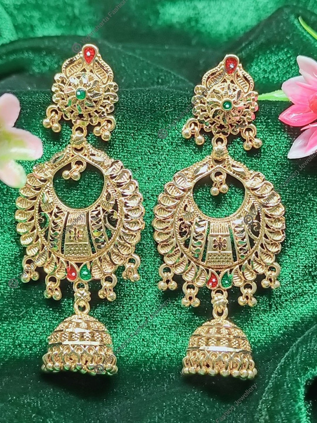 Vighnaharta Gold-Plated Stone-Studded Floral Jhumkas