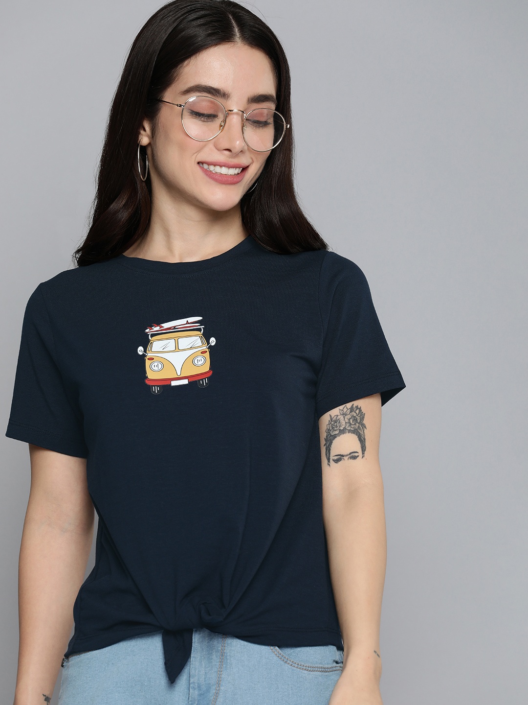 Mast & Harbour Women Graphic Printed Round Neck T-shirt With Tie-Up Detail, Navy blue
Mast & Harbour Women Graphic Printed Round Neck T-shirt With Tie-Up Detail, Navy blue