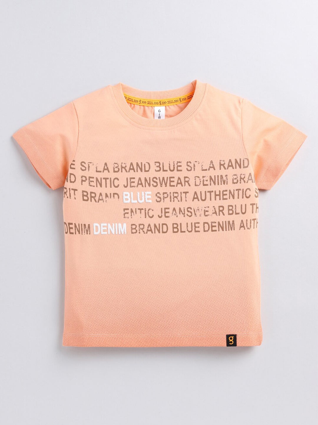 Ginie Boys Typography Printed Round Neck Cotton T-shirt, Peach