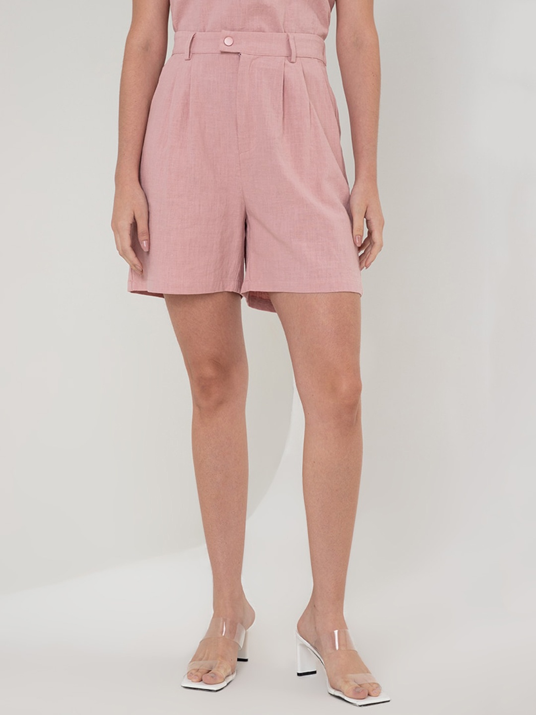 Zalora Studios Women Mid Rise Linen Cotton Shorts, Pink