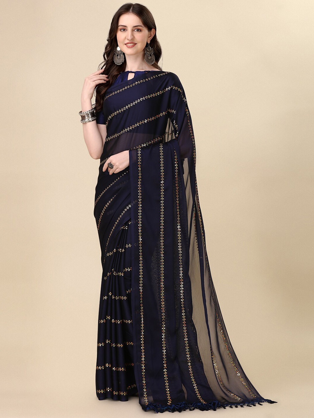 KALINI Sequin Embellished Saree, Blue