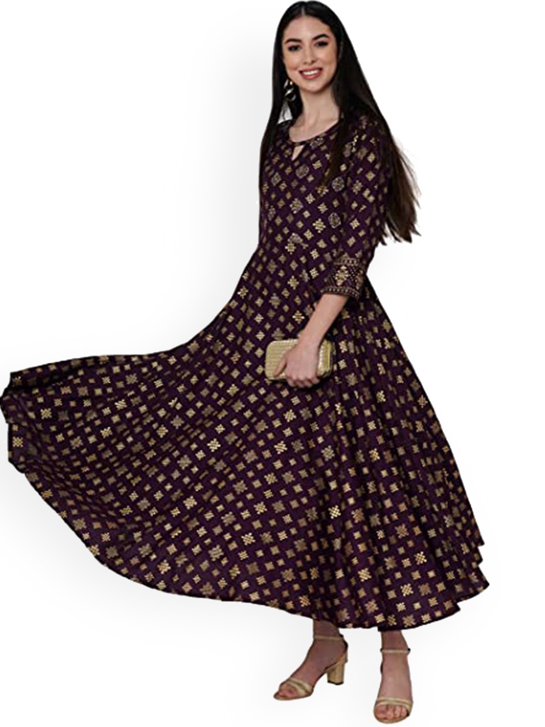 KALINI Ethnic Motifs Printed Anarkali Kurta, Brown