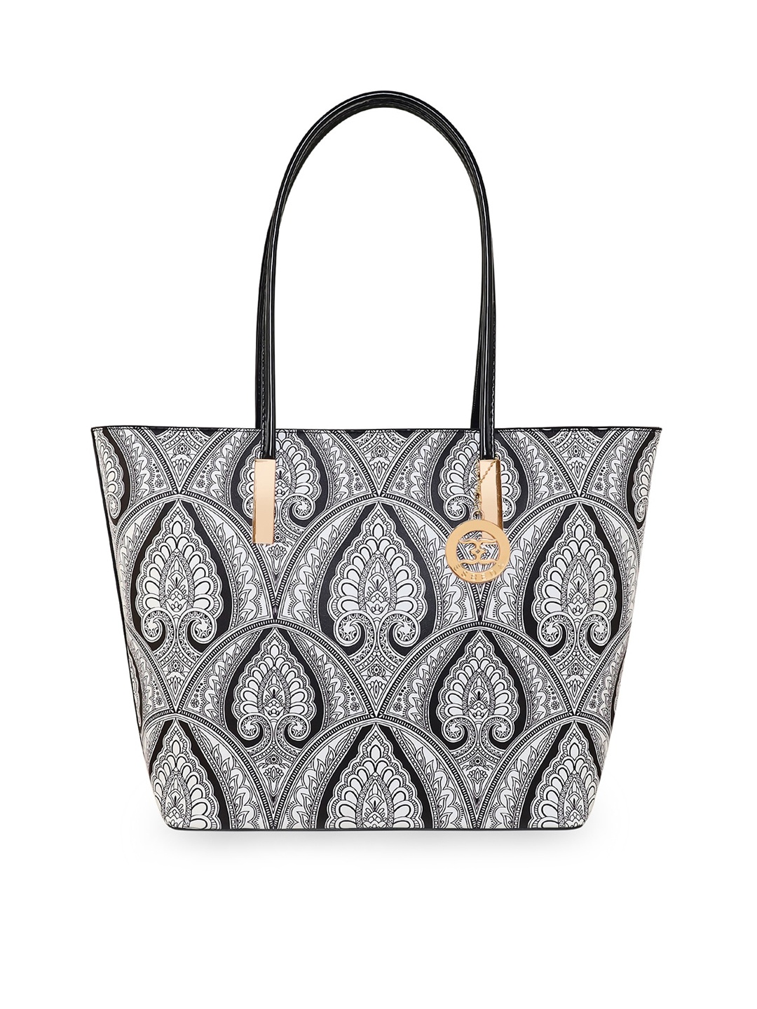 ESBEDA Women Ethnic Motifs Printed PU Oversized Structured Tote Bag, Black