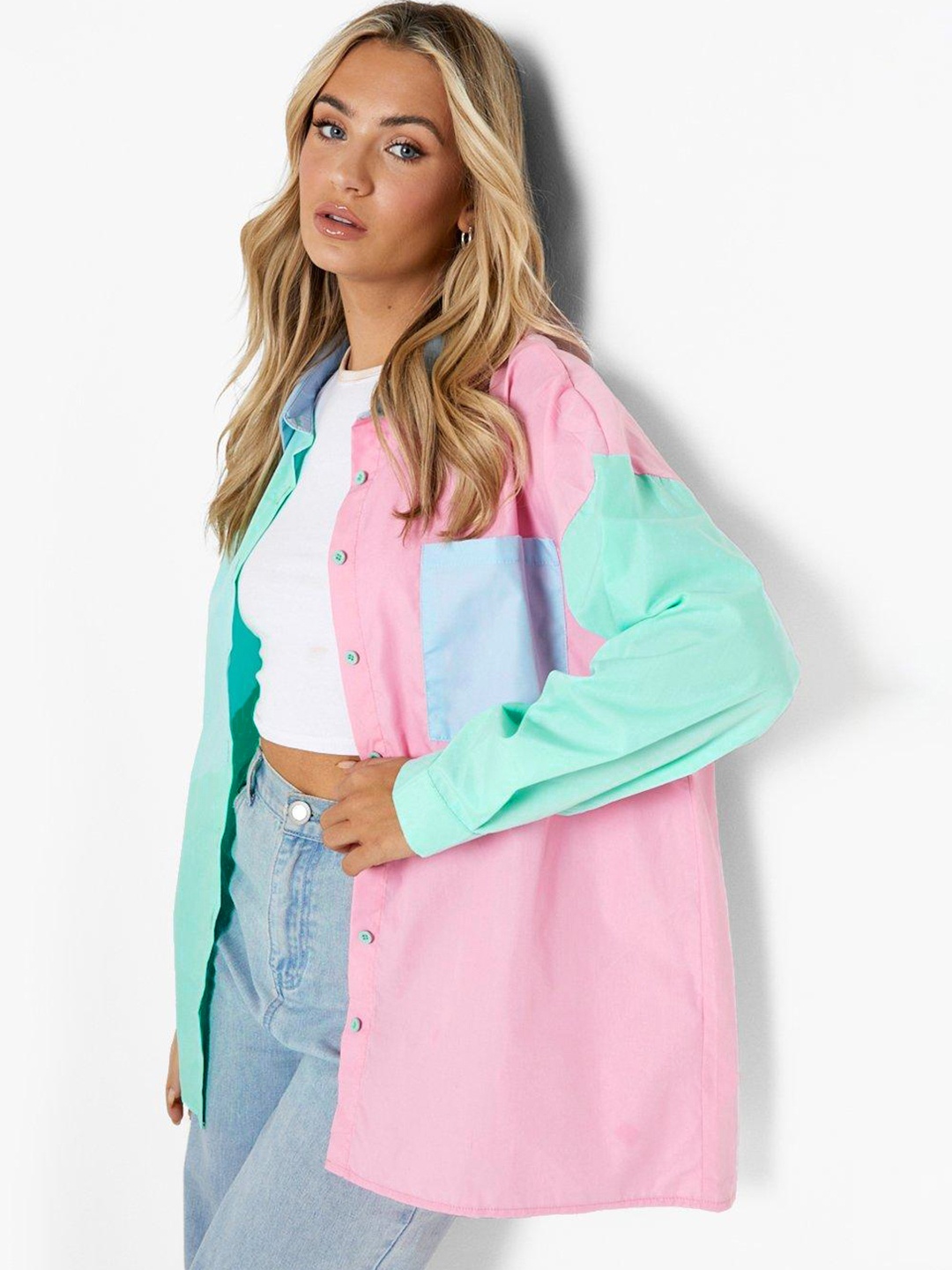 Boohoo Colourblocked Oversized Casual Shirt, Pink