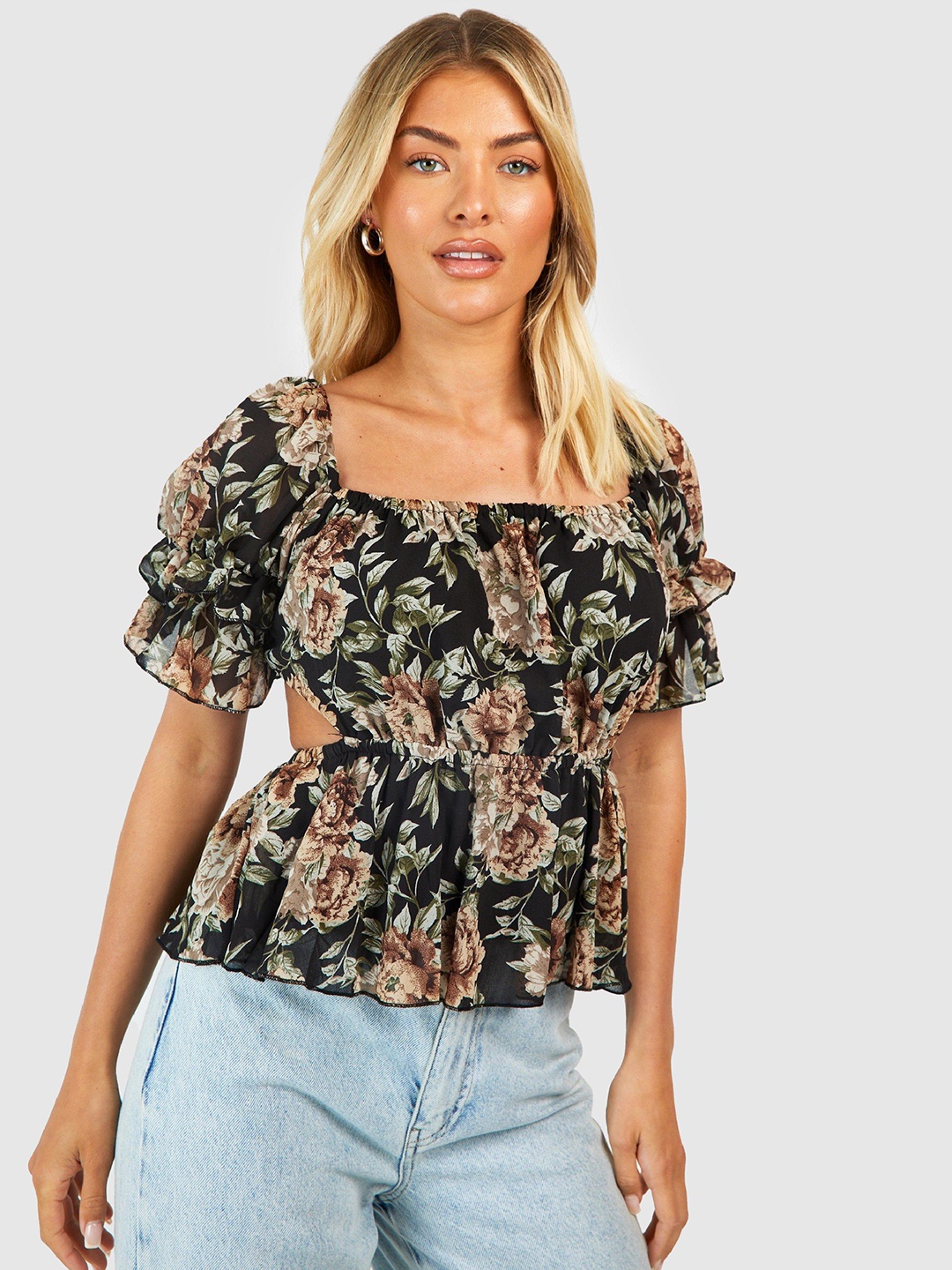 Boohoo Floral Print Tie-Up Back Peplum Top, Black