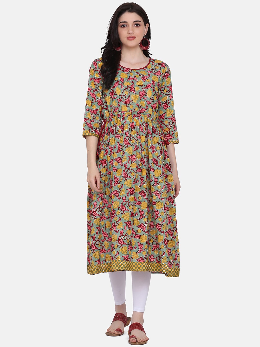 Saanjh Green & pink Floral Printed Cotton Anarkali Kurta
