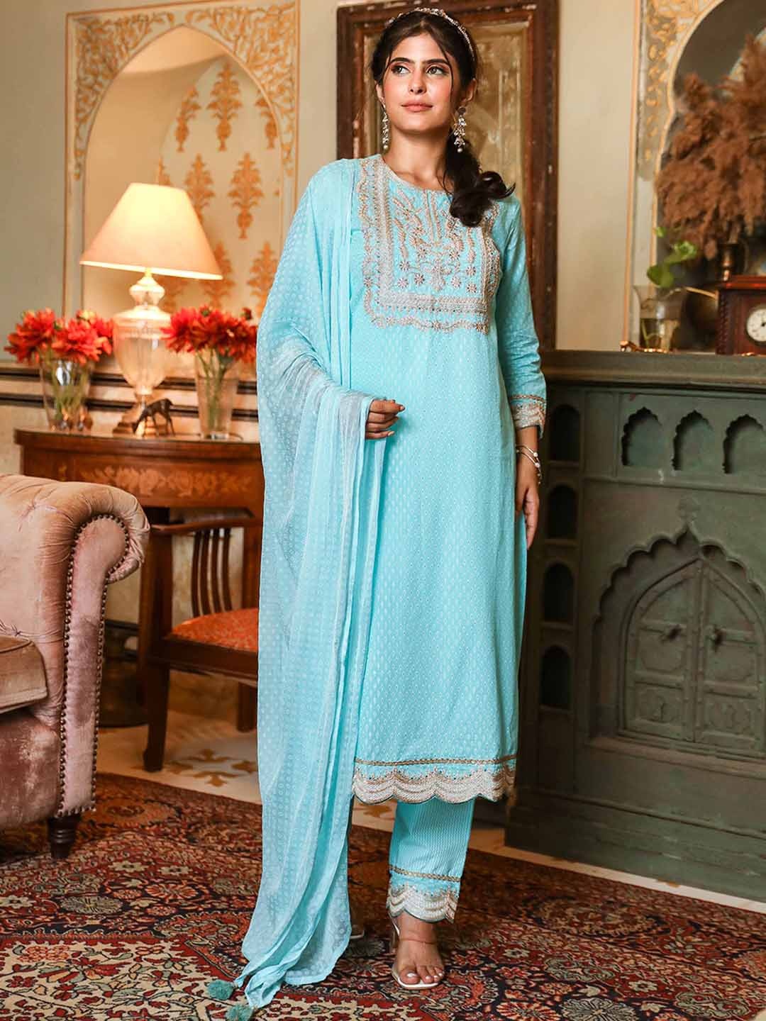 KALINI Ethnic Motifs Embroidered Regular Pure Cotton Kurta With Trousers & Dupatta, Blue
KALINI Ethnic Motifs Embroidered Regular Pure Cotton Kurta With Trousers & Dupatta, Blue