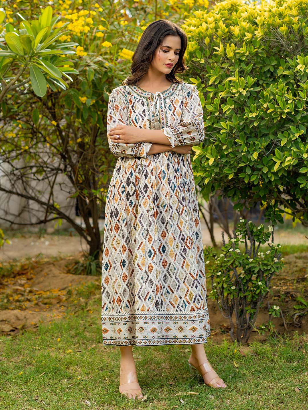 Meena Bazaar Geometric Printed Cotton Tie-Ups Neck Puff Sleeves A-Line Ethnic Dresses, Beige
Meena Bazaar Geometric Printed Cotton Tie-Ups Neck Puff Sleeves A-Line Ethnic Dresses, Beige