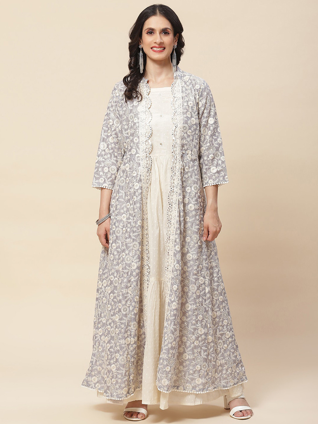 Meena Bazaar Self Design Cotton Shoulder Straps Maxi Dress With Printed Jacket, Beige
Meena Bazaar Self Design Cotton Shoulder Straps Maxi Dress With Printed Jacket, Beige