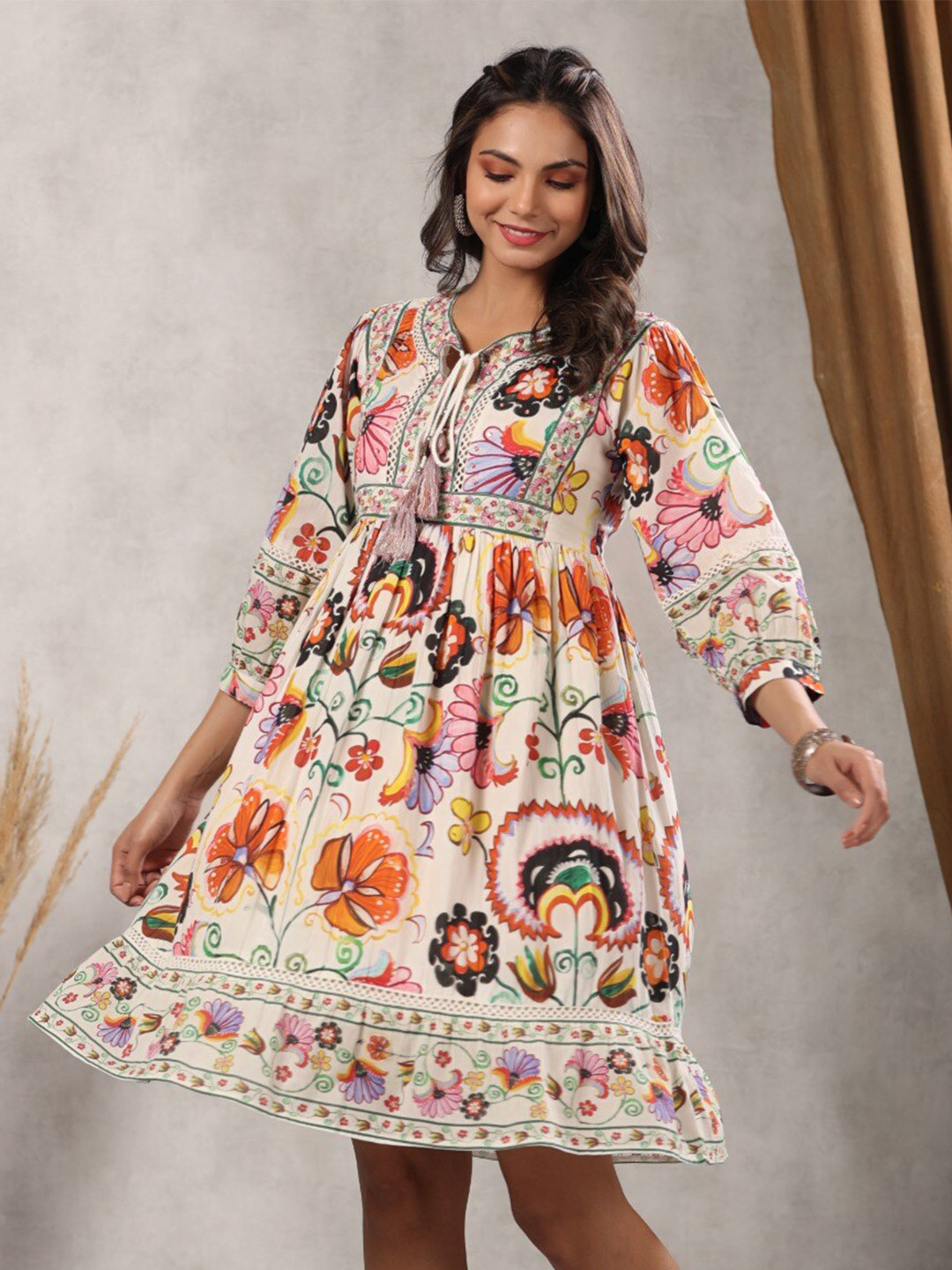 Meena Bazaar Floral Printed Tie-Up Neck Puff Sleeves Cotton Fit & Flare Dress, Cream
Meena Bazaar Floral Printed Tie-Up Neck Puff Sleeves Cotton Fit & Flare Dress, Cream