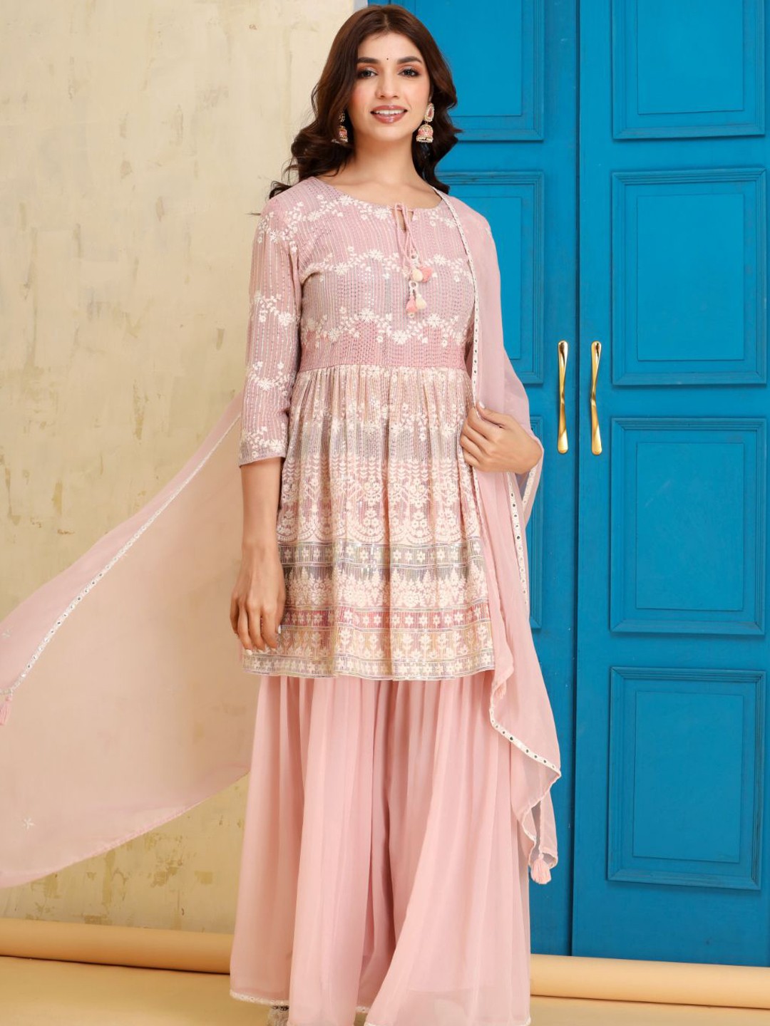 Zolo Label Ethnic Motifs Printed & Sequinned Pure Cotton Kurti With Sharara & Dupatta, Pink
Zolo Label Ethnic Motifs Printed & Sequinned Pure Cotton Kurti With Sharara & Dupatta, Pink