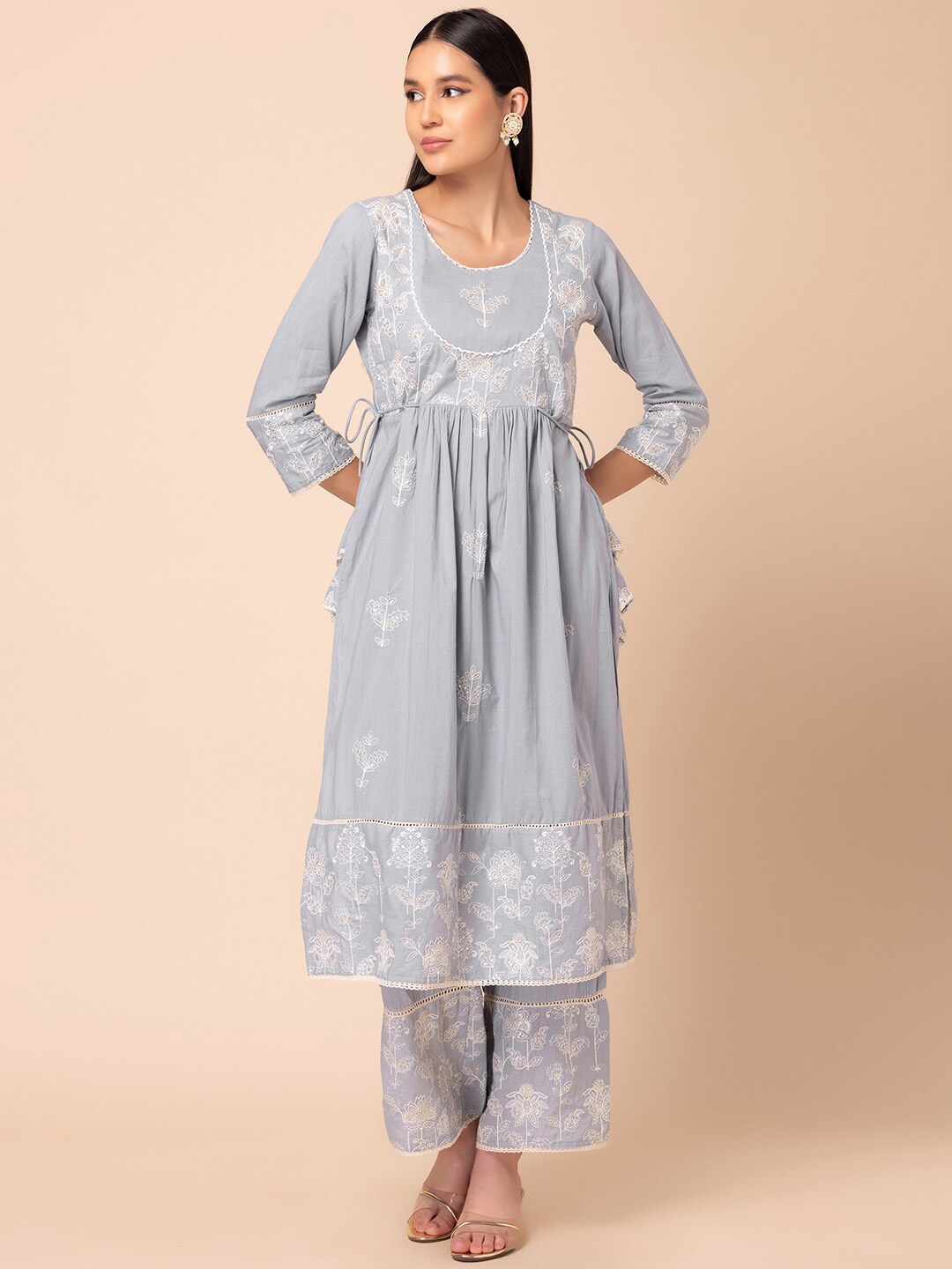 INDYA Ethnic Motifs Printed Embroidered Pleated Pure Cotton Kurta With Trousers, Blue
INDYA Ethnic Motifs Printed Embroidered Pleated Pure Cotton Kurta With Trousers, Blue
