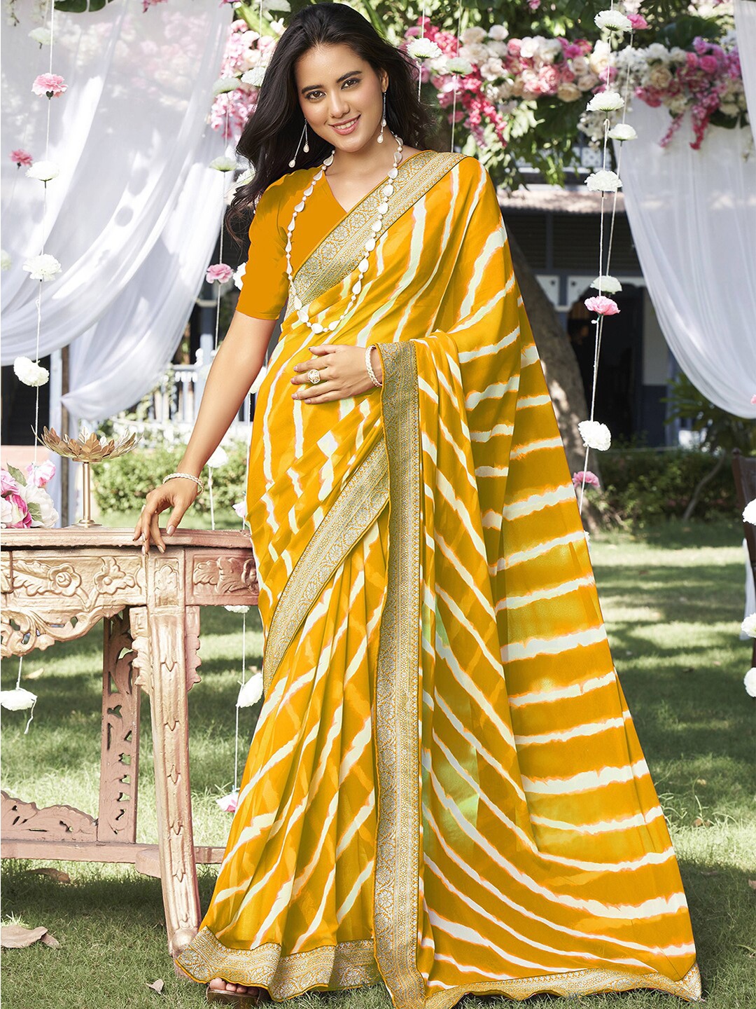 Satrani Mustard & White Striped Zari Saree