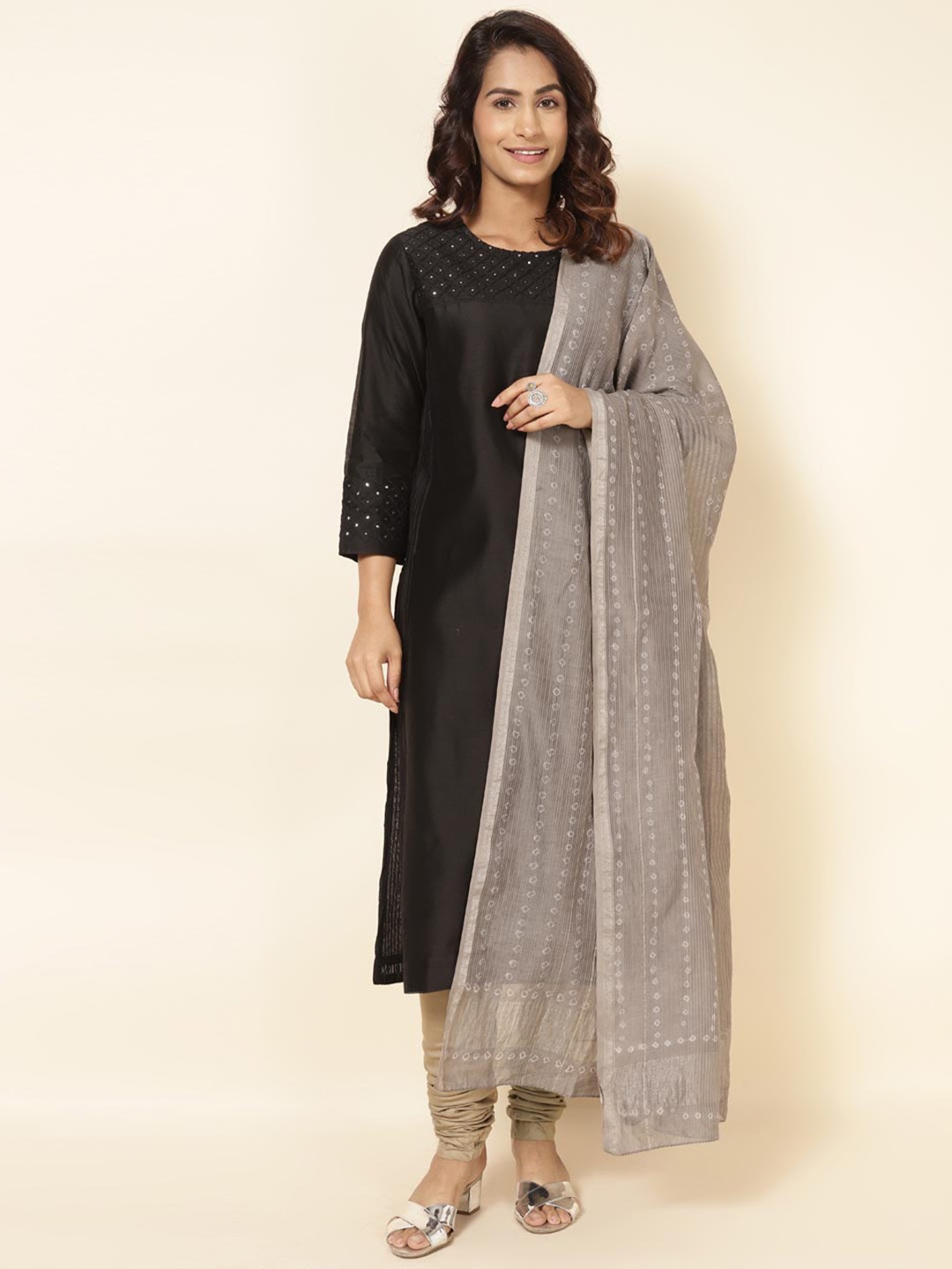Fabindia Bandhani Printed Cotton Silk Dupatta, Grey