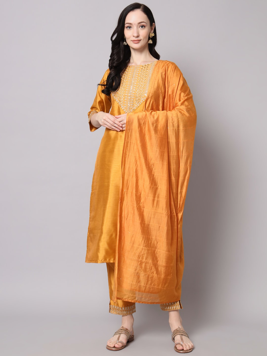 KALINI Women Ethnic Motifs Embroidered Cotton Silk Kurta with Trousers & Dupatta, Mustard
KALINI Women Ethnic Motifs Embroidered Cotton Silk Kurta with Trousers & Dupatta, Mustard
