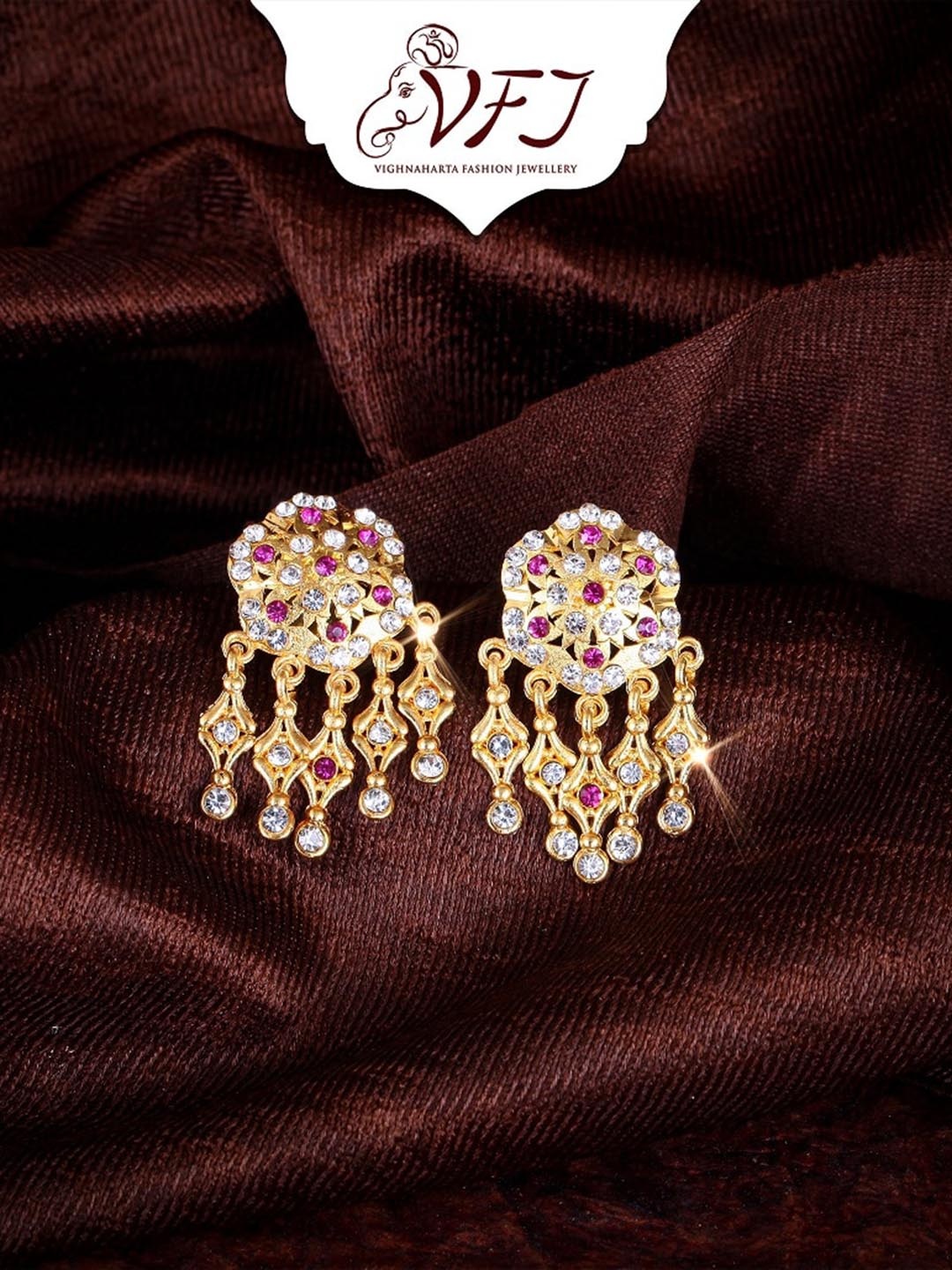 Vighnaharta Gold-Plated Cubic Zirconia Floral Drop Earrings