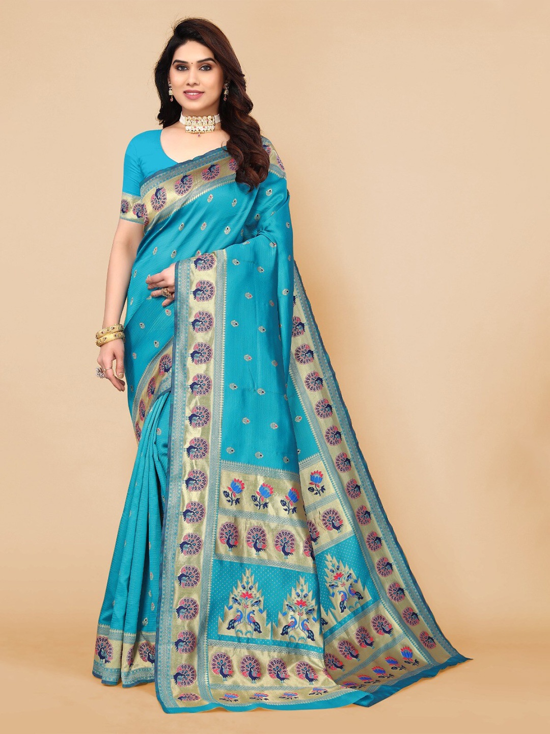 DIVASTRI Ethnic Motifs Woven Design Zari Silk Cotton Paithani Saree, Turquoise blue
DIVASTRI Ethnic Motifs Woven Design Zari Silk Cotton Paithani Saree, Turquoise blue