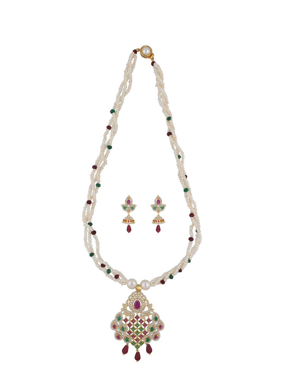 Sri Jagdamba Pearls Dealer Gamini Gold-Plated Stone Studded & Pearls Beaded Jewellery Set
Sri Jagdamba Pearls Dealer Gamini Gold-Plated Stone Studded & Pearls Beaded Jewellery Set