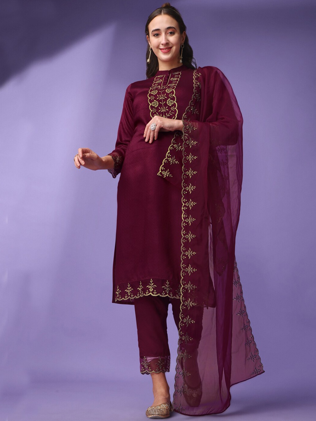 KALINI Women Purple Embroidered Regular Thread Work Kurta with Trousers & With Dupatta
KALINI Women Purple Embroidered Regular Thread Work Kurta with Trousers & With Dupatta