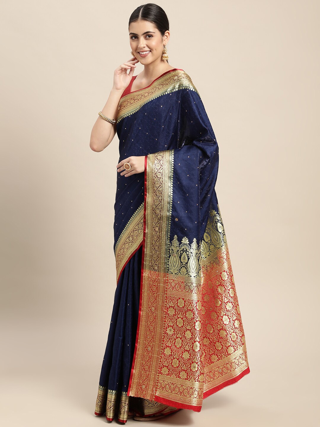 HOUSE OF BEGUM Ethnic Motif Woven Design Zari Banarasi Saree, Navy blue
HOUSE OF BEGUM Ethnic Motif Woven Design Zari Banarasi Saree, Navy blue