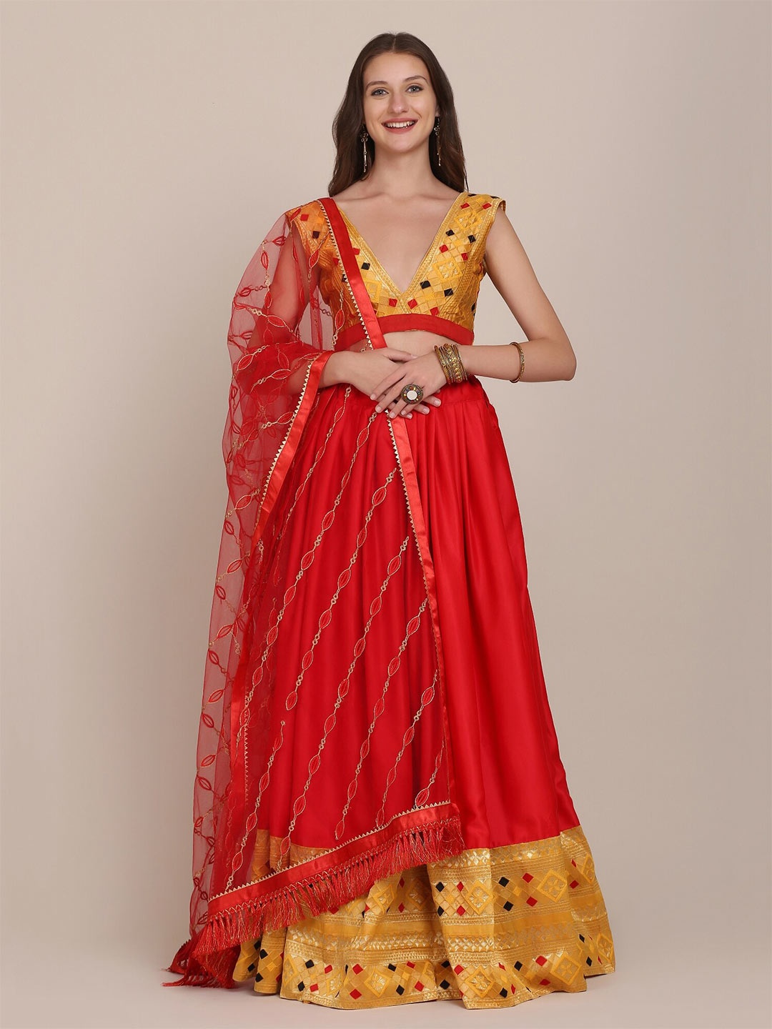 Atsevam Embroidered Gotta Patti Semi-Stitched Lehenga & Unstitched Blouse With Dupatta, Mustard
Atsevam Embroidered Gotta Patti Semi-Stitched Lehenga & Unstitched Blouse With Dupatta, Mustard