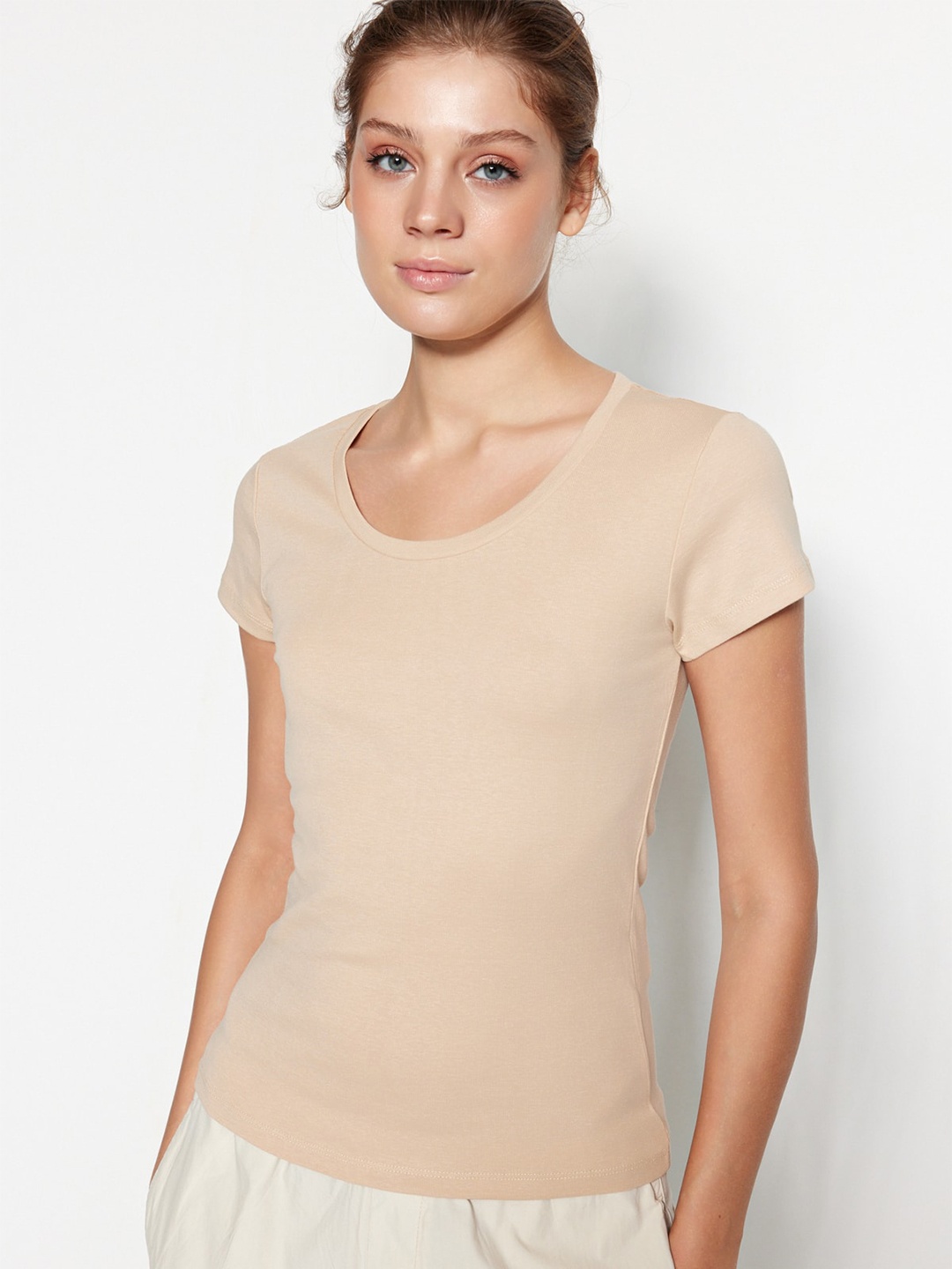 Trendyol Round Neck Pure Cotton T-shirt, Beige