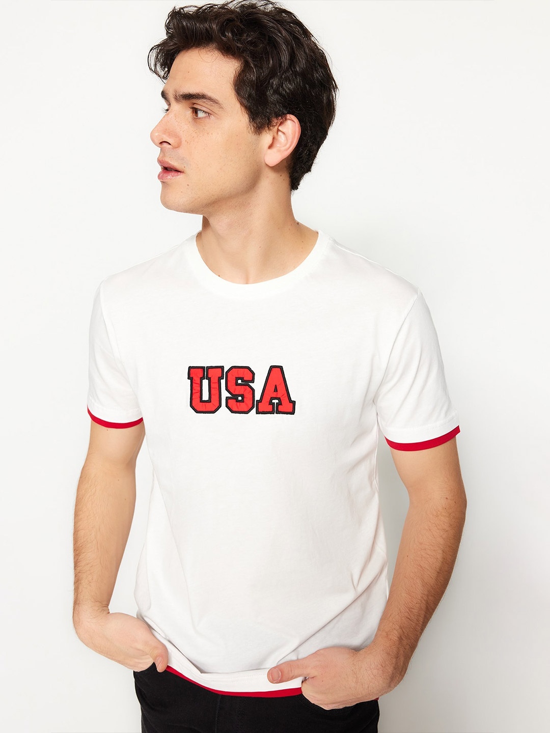 Trendyol Typography Printed Pure Cotton T-shirt, Off white