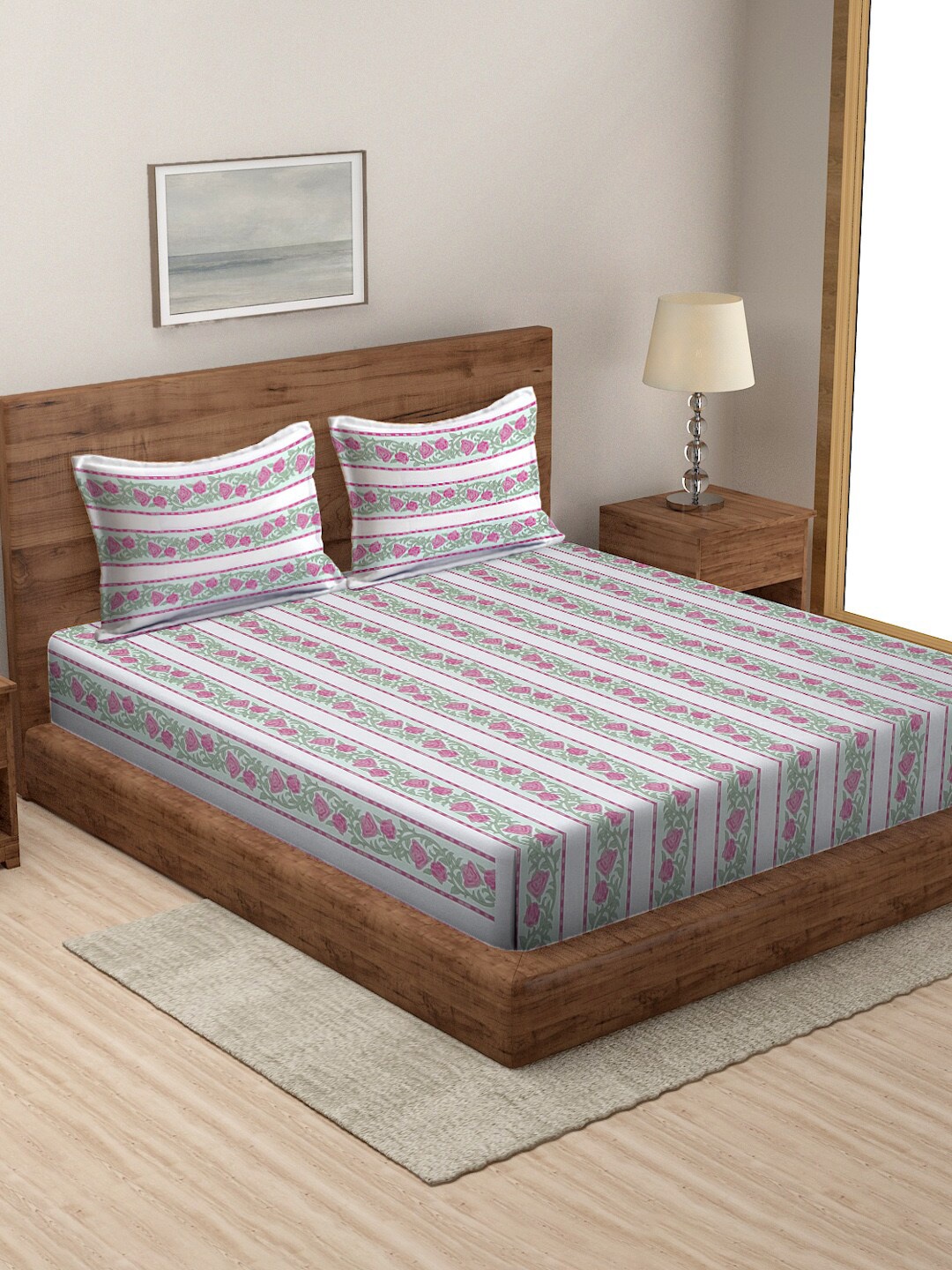 Rajasthan Decor White & Pink Floral Cotton 144 TC King Bedsheet With 2 Pillow Covers
Rajasthan Decor White & Pink Floral Cotton 144 TC King Bedsheet With 2 Pillow Covers
