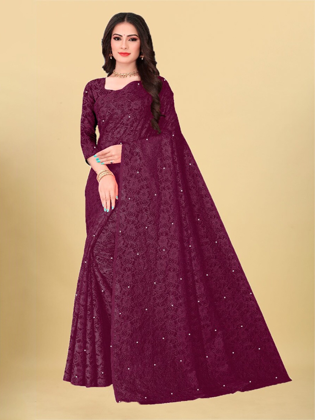 UNITED LIBERTY Floral Beads And Stones Woven Design Saree, Purple