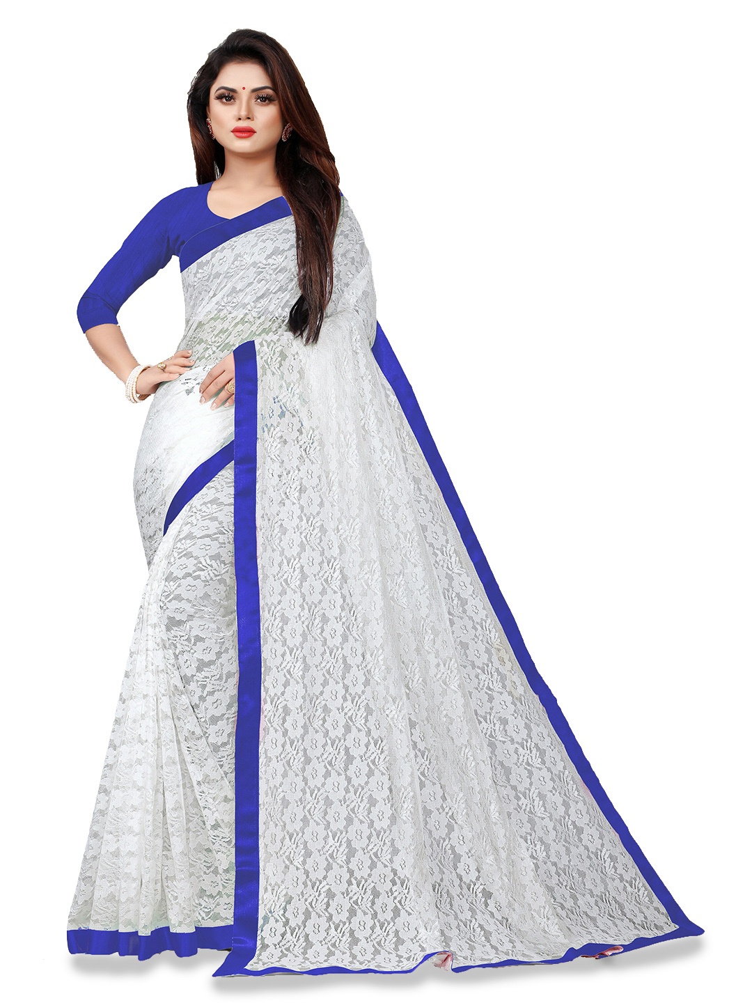 UNITED LIBERTY Floral Woven Design Saree, White