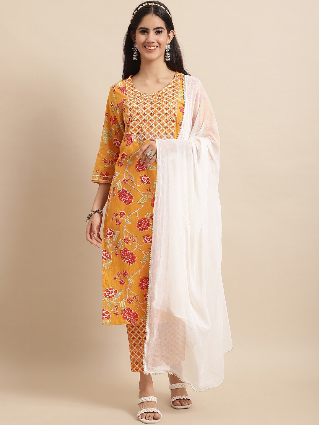 KALINI Women Orange Ethnic Motifs Printed Regular Mirror Work Pure Cotton Kurta with Trousers & With Dupatta
KALINI Women Orange Ethnic Motifs Printed Regular Mirror Work Pure Cotton Kurta with Trousers & With Dupatta