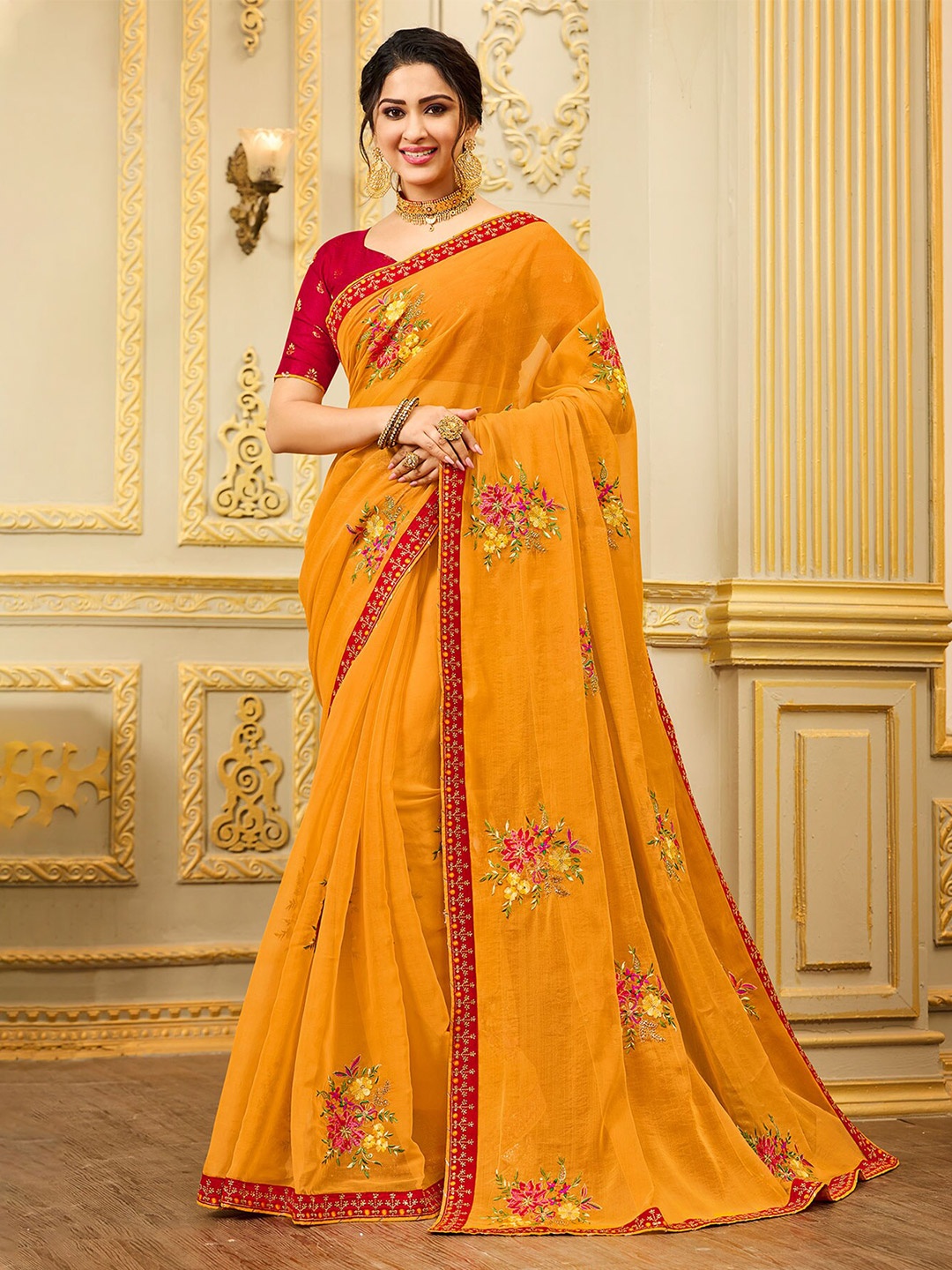 Laxmipati Floral Embroidered Organza Saree, Yellow