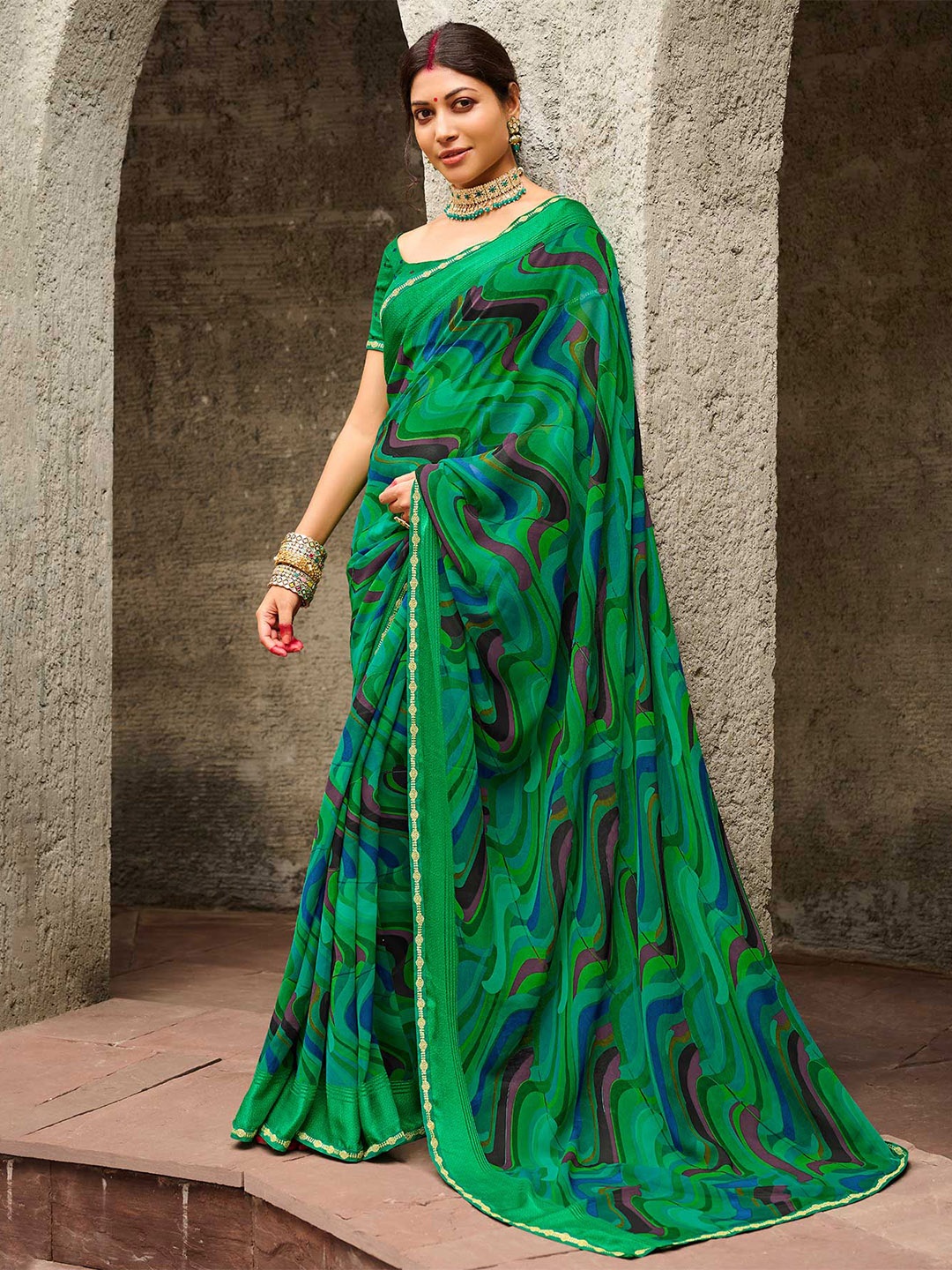 Laxmipati Abstract Printed Embroidered Saree, Green