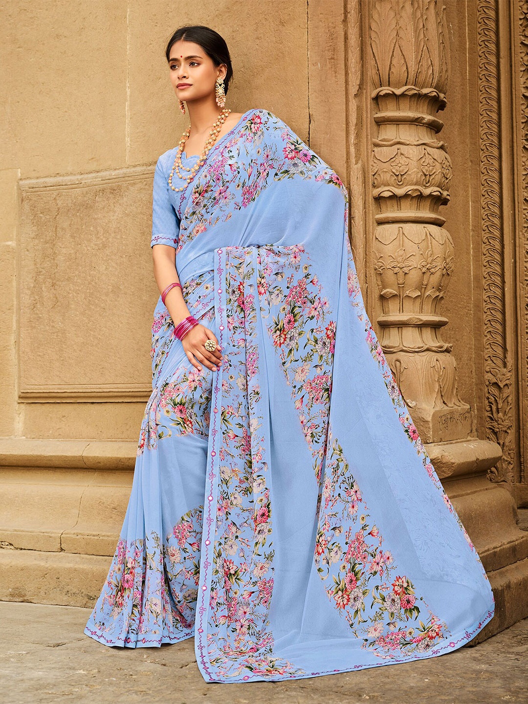 Laxmipati Floral Printed Poly Georgette Saree, Pink