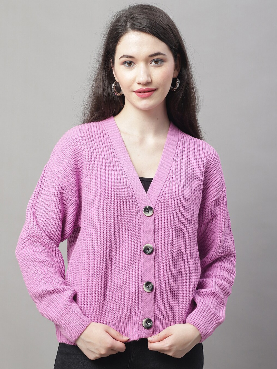 NoBarr V-Neck Acrylic Ribbed Cardigan, Purple