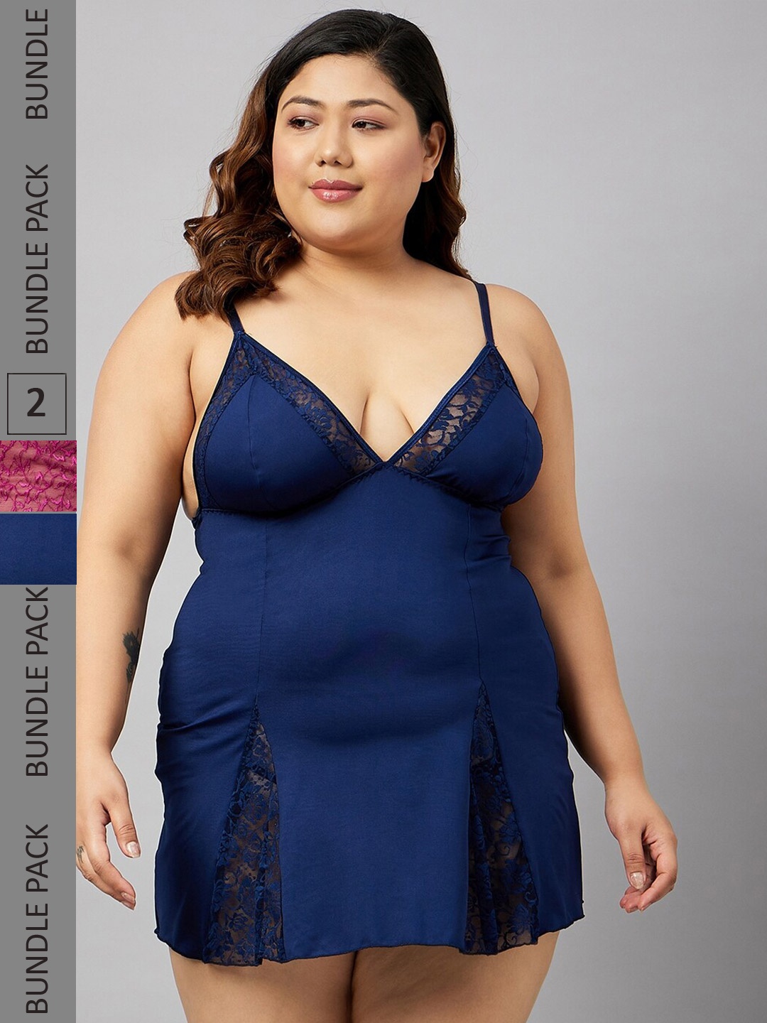 Curves By ZeroKaata Pack Of 2 Net Self Design Baby Doll, Navy blue