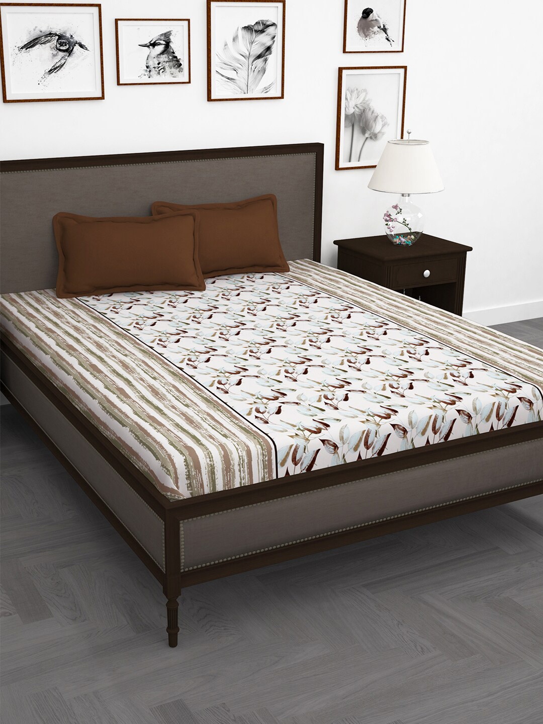 Story@home White Floral Cotton 210 TC King Bedsheet With 2 Pillow Covers