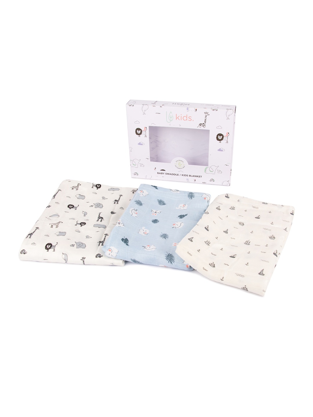 MUSH Infants Set Of 3 Printed Ultra Soft 100% Bamboo Swaddles, White