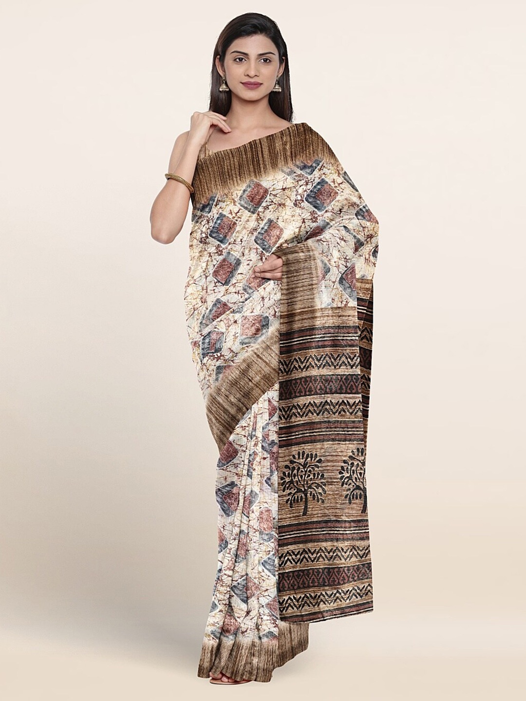 Pothys Geometric Printed Saree, Cream