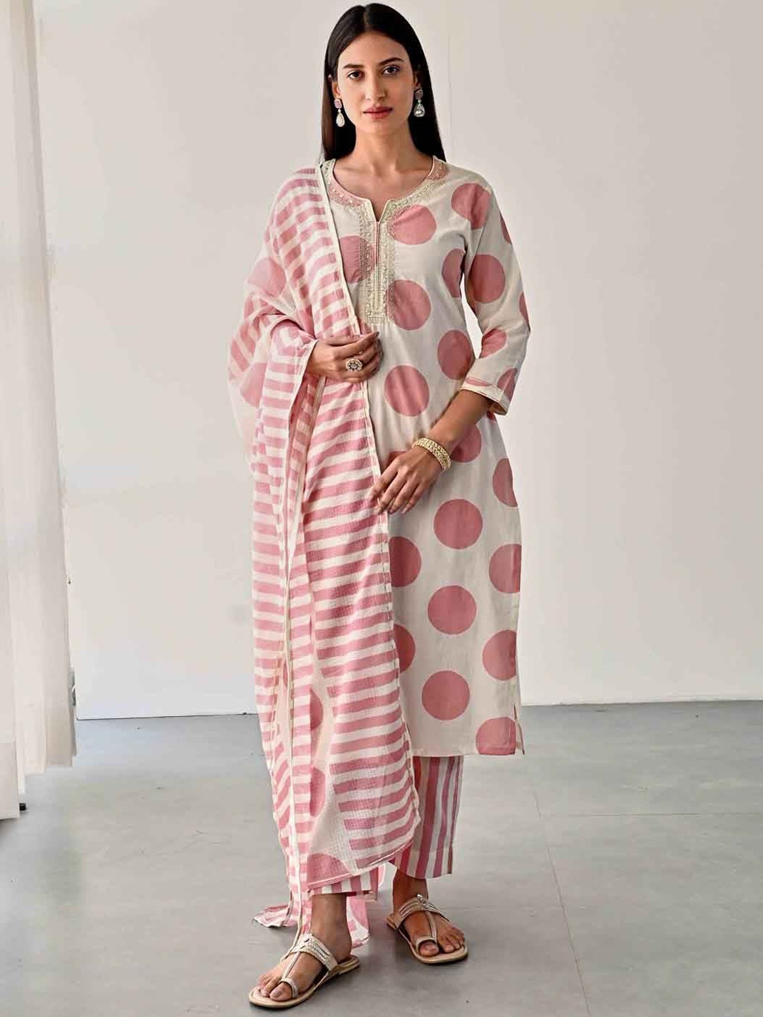 Meena Bazaar Polka Dots Printed Thread Work Regular Kurta With Trousers & Dupatta, Cream
Meena Bazaar Polka Dots Printed Thread Work Regular Kurta With Trousers & Dupatta, Cream